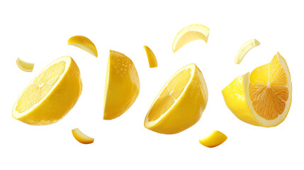 Lemons sliced levitating in the air isolated on a transparent background