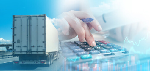 Calculation of logistics costs. Truck is driving along road. Calculator with accountant hand. Calculation of profits from logistics. Freight transportation costs. Logistics business