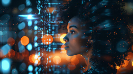 Wall Mural - AI cyber security threat illustration, black african american female IT specialist analysing data information technology, augmented reality artificial intelligence collage, side profile, copy space	