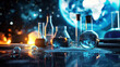 © iri.madrid.art - World Science Day for Peace and Development. Flasks, beakers, molecules on the background of the globe. Laboratory equipment. Horizontal banner. Free space for text. World youth skills day