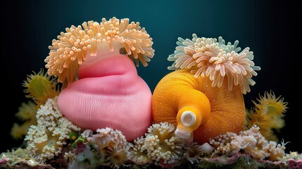 Wall Mural -   A pair of sea anemones resting beside each other atop a sea anemone bed