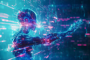 Wall Mural - robot is touching digital network connection. artificial intelligence development. android robot in 