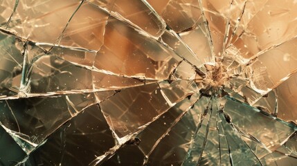 A close-up photo of shattered glass with spiderweb-like cracks, sharp edges, pink and gold toфnes. Background blurred with a golden hue, capturing a sense of decay.