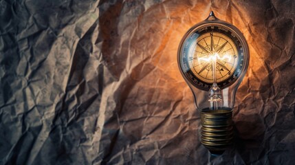 An illuminated light bulb with a compass design, brown and yellow swirls, on crumpled brown paper.