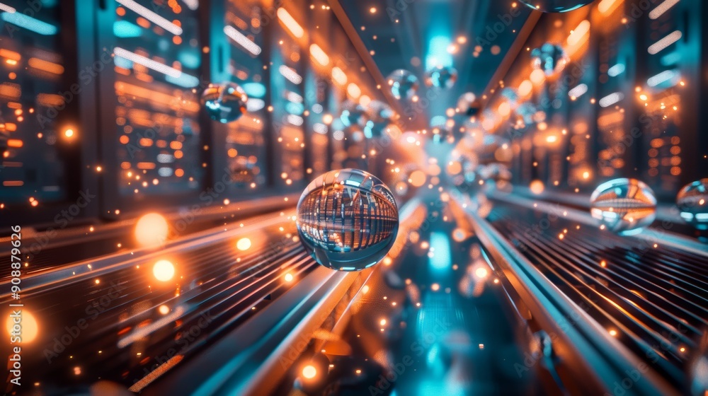 Many metal spheres floating in a data center room, rows of server racks ...