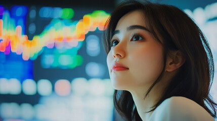 Japanese woman analyzing market fluctuations graph finance investment stock market economy trading data analysis business profit