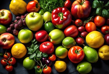 vibrant close fresh colorful produce displayed slate surface highlighting rich textures natural colors fruits vegetables, organic, appetizing, seasonal, ripe