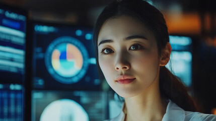 Poster - Japanese woman discussing pie chart finance investment stock market economy trading data analysis business profit