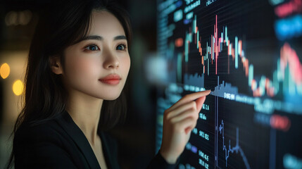 Poster - Japanese woman explaining cash flow graph finance investment stock market economy trading data analysis business profit