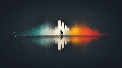 Wall Mural -   A person standing in a body of water before a colorful city skyline