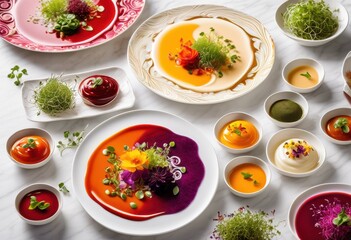 artfully poured sauces minimalist plates showcasing culinary presentation colorful garnishes, design, food, chef, cuisine, ingredient, bowl, dish, texture