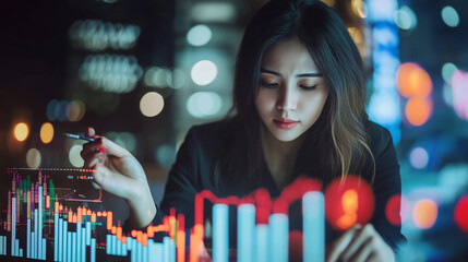 Poster - Japanese woman working on sales forecast graph finance investment stock market economy trading data analysis business profit