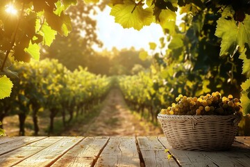 serene vineyard with grapevines and basket of grapes