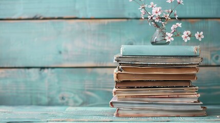 Wall Mural -   Books stacked on a table beside a flower-topped vase