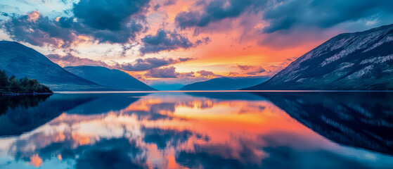 Canvas Print - A beautiful lake with a sunset in the background