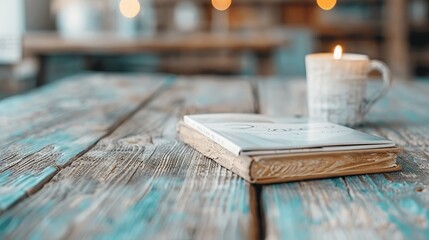 Wall Mural -   A book sits atop a wooden table, alongside a steaming cup of coffee and a lit candle