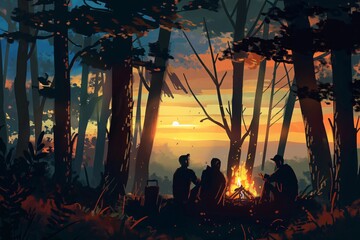 Wall Mural - Friends are sitting around a bonfire in the woods, enjoying the warm glow of the setting sun