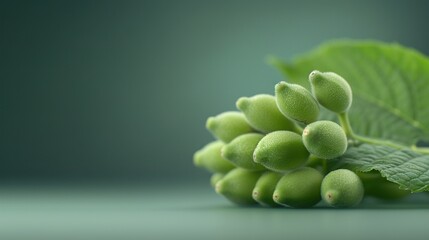   A table with green leaves, surrounded by green leaves and holding a bunch of green berries