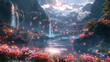 © JCreative - A lush, vibrant fantasy landscape with cascading waterfalls, colorful flowers, and magical, glowing lights creates an enchanting and serene atmosphere, perfect for nature and fantasy themes.