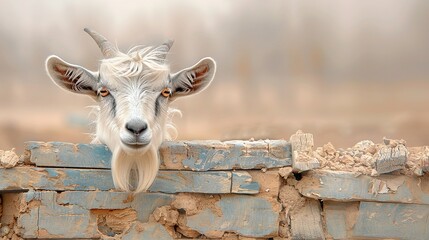 Wall Mural -   A close-up shot of a goat's face against a brick wall with a hazy sky backdrop