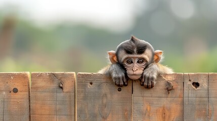 Wall Mural -   Small monkey on wooden fence, peering through planks