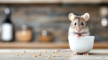 Poster -   A white bowl sits atop a wooden table with a bottle of wine and peanuts nearby