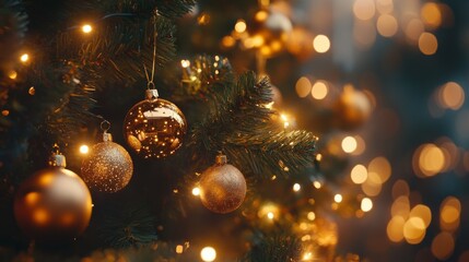 Wall Mural - Cinematic medium shot of a beautifully decorated Christmas tree with twinkling lights and ornaments, captured with soft natural light