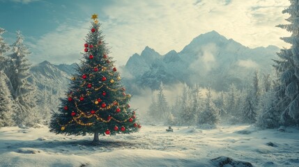 Wall Mural - Cinematic wide shot of a snowy landscape with a Christmas tree in the center, decorated with red and gold ornaments, under natural light