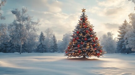 Wall Mural - Cinematic wide shot of a snowy landscape with a Christmas tree in the center, decorated with red and gold ornaments, under natural light