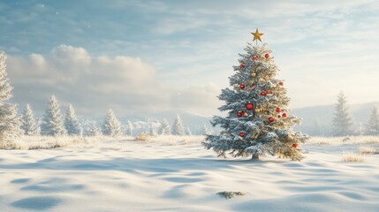Wall Mural - Cinematic wide shot of a snowy landscape with a Christmas tree in the center, decorated with red and gold ornaments, under natural light