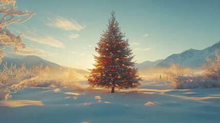 Wall Mural - Cinematic wide shot of a snowy landscape with a Christmas tree in the center, decorated with red and gold ornaments, under natural light
