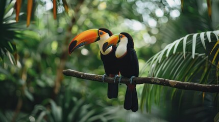 Two toucans perched on a branch of a tropical forest tree