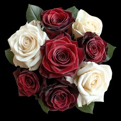 A stunning bouquet of red and white roses on a black background, perfect for expressing love and beauty in elegant floral arrangements.