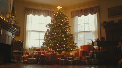 Wall Mural - Cinematic wide shot of a Christmas tree surrounded by neatly wrapped presents, under natural light