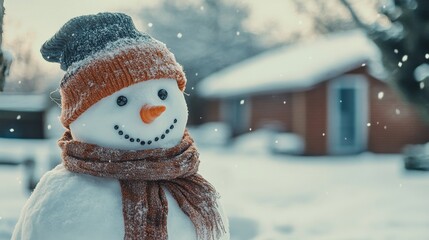 Wall Mural - Cinematic medium shot of a snowman wearing a hat and scarf, standing in a snowy yard, captured with natural light