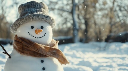 Wall Mural - Cinematic medium shot of a snowman wearing a hat and scarf, standing in a snowy yard, captured with natural light