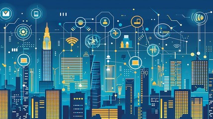 Wall Mural - illustration of a futuristic smart city with buildings connected by digital lines and icons representing modern technologies.