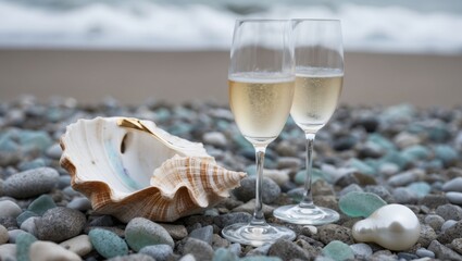 Two glasses of champagne with a seashell on a pebble beach