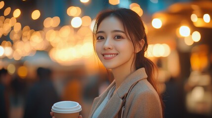 Smiling woman with coffee at night market