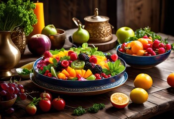 Sticker - vibrant meal display showcasing colorful ingredients varied textures inviting arrangement, colors, fruits, vegetables, dishes, garnish, plate, presentation