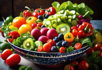 Sticker - vibrant top down perspective colorful salad arrangement featuring fresh textures beautifully designed presentation, vegetables, fruits, healthy, ingredients