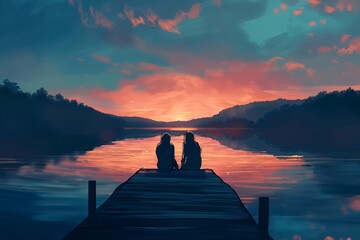 Wall Mural - Two friends are sitting on a wooden dock, enjoying a beautiful and colorful sunset over a lake