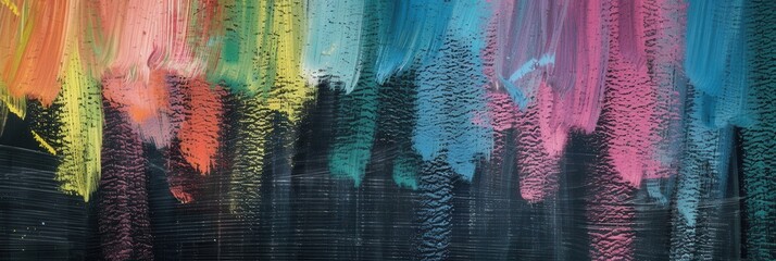 Aufkleber - Colorful brushstrokes adorn a dark green chalkboard, creating an expressive and lively artistic display in a classroom setting. Generative AI