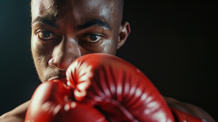 Wall Mural - A focused boxer in close-up, his intense gaze peering over red boxing gloves, dripping with sweat, prepared for the upcoming fight.