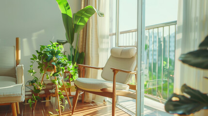 Wall Mural - A bright and airy living space with plants and natural light, exuding freshness and tranquility.