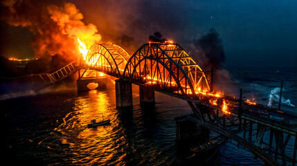 Bridge that is on fire with boat in the water below it.