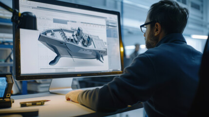 An engineer deeply engrossed in designing a large ship on a computer, featuring technical blueprints and meticulous attention to detail.