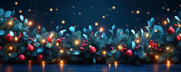 Wall Mural - A beautifully decorated Christmas garland with rich foliage, vibrant ornaments, and twinkling lights against a dark backdrop.