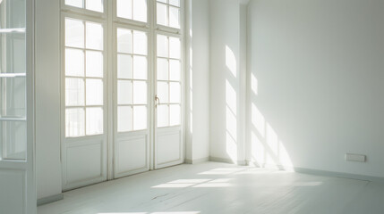 An empty room with large white-framed windows letting in abundant light, creating a serene and airy ambiance.