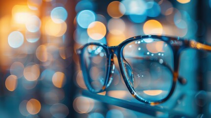 Close-up of stylish eyeglasses with a blurred bokeh lights background, creating a modern and vibrant visual appeal.